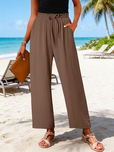 CRAZY GRID Womens High Waisted Palazzo Pants Beach Flowy Summer Drawstring Wide Leg Trousers Loose Casual Vacation Pants with Pockets XL Brown — view 4