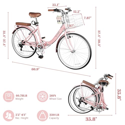 26 Inch Foldable Beach Cruiser Bike with Detachable Cup Holder,Stylish Ladies\' Bike with Detachable Foldable Metal Basket,7-Speed,Women\'s Folding Bike for Commuting,Fitness and Vacation (Pink)