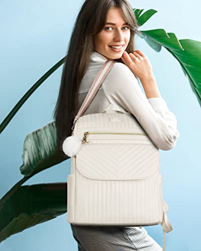 Quilted Laptop Backpack For Women, 15.6 Inch Convertible Soft Leather Backpack Purses Fashion Water Resistant Shoulder Bag, Anti-Theft Travel Bookbag Girls Cute Handbag For Work College School, Beige #TOP6