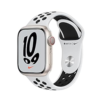 Apple Watch Nike Series 7 (GPS + Cellular), Caixa em alumínio luz das estrelas de 41 mm com Pulseira esportiva Nike platina‑pura/preta