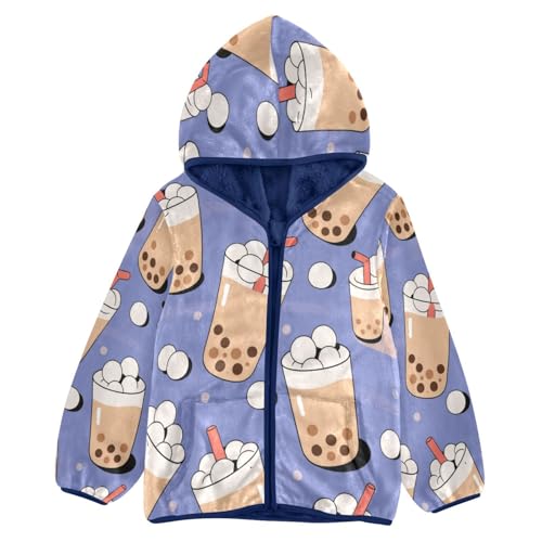 Bubble Tea Pattern Design Toddler Fleece Jacket Girl Boys Hooded Fleece Jacket Coat Warm Outwear Zip-up 3-10T