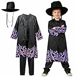 Disfraz infantil anime coreano negro con llamas moradas, cosplay para carnaval y Halloween, ropa tradicional temática, tallas 5-15 años (Dibujo morado, 10-12)