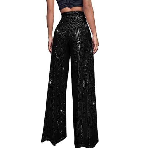 Women's Dressy Fashion Casual Solid Color High Waist Sequin Side Zipper Draped Wide Leg Loose Fit Pants2