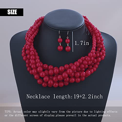 Aimimier 1920s Multilayer Twisted Beads Cluster Choker Necklace Chunky Ball Statement Necklace Fashion Jewelry for Women (Red)4