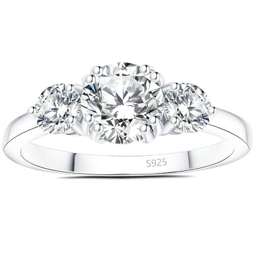 1.5CT 3 Stones Ring For Women with Cubic Zirconia in 925 Sterling Silver, Simulated Diamond 14k White Gold Plated CZ Promise Engagement Ring For Her, Wedding Bridal Jewelry Set For Women