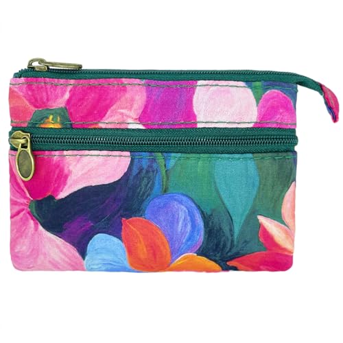 Image of Women Small Zipper Coin Purse, Handmade Fabric Flower Embroidered Change Pouch, Cotton Double Zipper Wallet