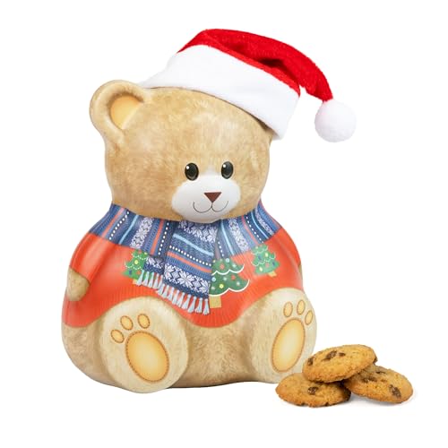 Christmas Bear with Hat Gift Set - Christmas Biscuits Tin Novelty Biscuit Tins with 100g Mini Chocolate Chip Cookies - Luxury Biscuits Gifts for Women and Men