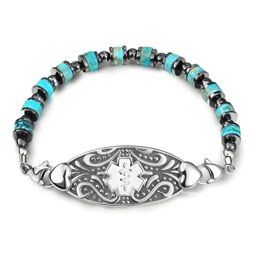 BURISSKY Custom Women's Medical Alert Bracelets with Free Engraving - Natural Stone Beaded Emergency Bracelet for Women Medic ID Jewelry for Allergy, Diabetes, Epilepsy