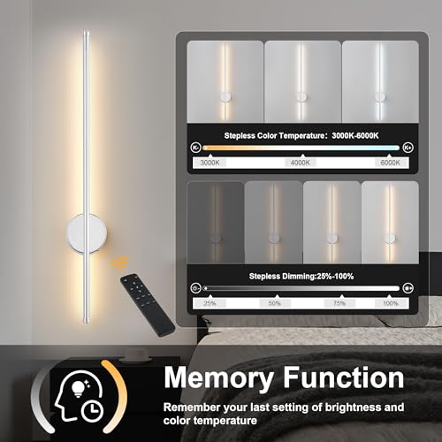 Image of Battery Operated Modern Wall Sconces, Dimmable Wireless Wall Light Set of Two with Remote Control, 3 Color Temperatures, Rechargeable LED Wall Sconce for Bedroom, Living Room, Hallway 23.6 Inch Chrome