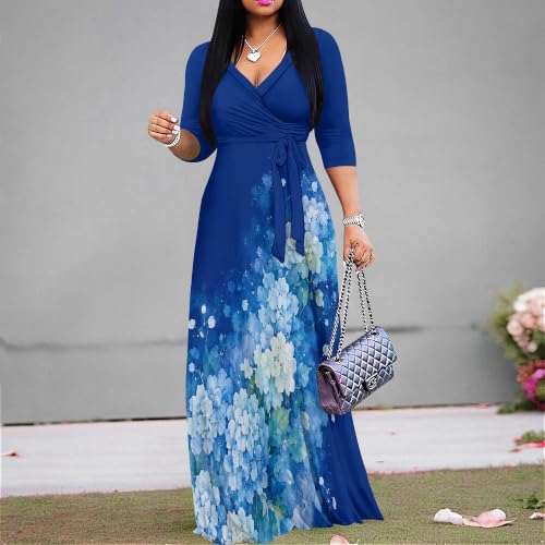 Image of Plus Size Maxi Dress for Women V Neck 3 /4 Sleeve Wrap Dress Blue S | Blue Floral Women's Maxi Dress for Mother's Day Wedding Women's Day