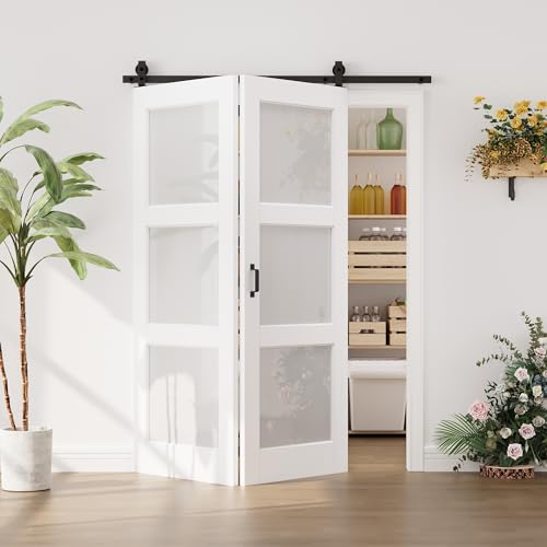Image of 56 inchx80 inch White 3-Lites Frosted Glass Bifold Barn Door Slab and 64 inch Track Kit