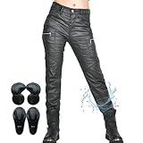 SHUOJIA Pantalon de Moto pour Femme, Jean de Moto Avec Revêtement Imperméable Avec Protections, Vêtements de Moto Extensibles, Jean à Poches Multiples (Black-A,L)