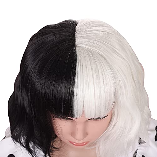 Amzcos Black And White Wig For 3+ Years Kids Cosplay Costume Short Wavy Bob Synthetic Wigs With Bangs For Boys Girls Halloween Party (Black And White) #TOP4
