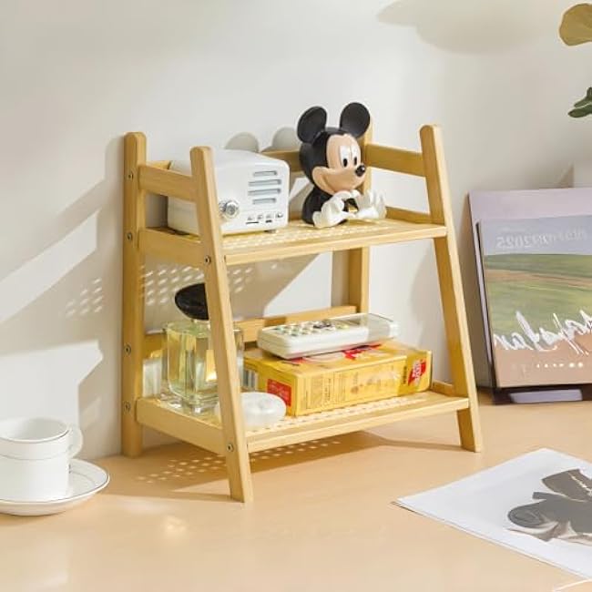 Narrow Mug Holder Countertop, Wicker-Look Tea and Coffee Bar Station Organizer, Bamboo Matcha Stand, Cup Display Shelf, Condiment Storage Rack for Kitchen Counter Cabinet, 2 Tier