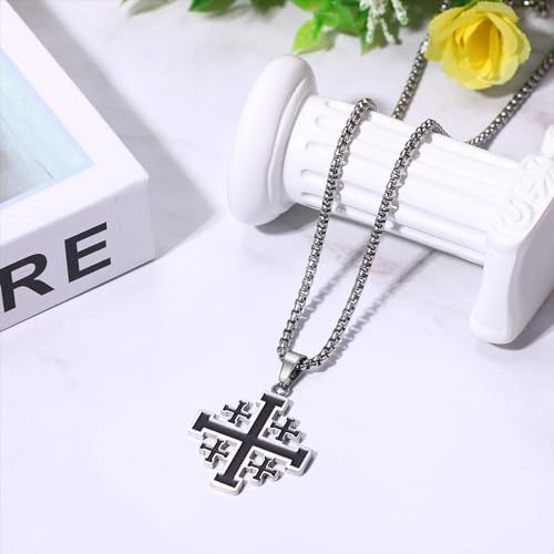 Flongo Herren Jerusalem Kreuz Kette: Edelstahl Halskette mit religiöser Anhänger schwarz silber Christlicher Kreuzritter Schmuck Tauf Amulett cross chain necklace Geschenk für Männer Damen Vater