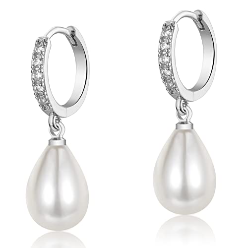 CERSLIMO Pearl Drop Earrings for Women | S925 Sterling Silver Post Simulated Shell Pearl Hoop Dangle Earrings, Hypoallergenic Cubic Zirconia Huggies Earrings Bridesmaid Jewelry