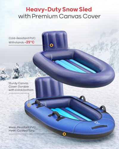 Image of QPAU Snow Sled with Premium Canvas Cover, 2 Person Inflatable Heavy Duty Snow Tube with Reinforced Handles, Snow Sleds for Kids and Adults, Winter Toboggan Outdoor Toys Gifts for Family