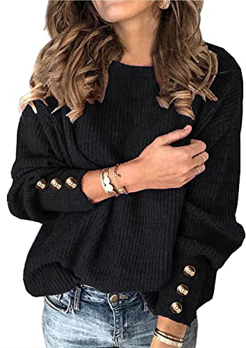 Damen Pullover Elegant Strickpullover Winter Sweater Langarm mit Knöpfen Pulli Casual Sweatshirts Gestrickt Pullover Outwear Warm Strickwaren Schwarz L Cover