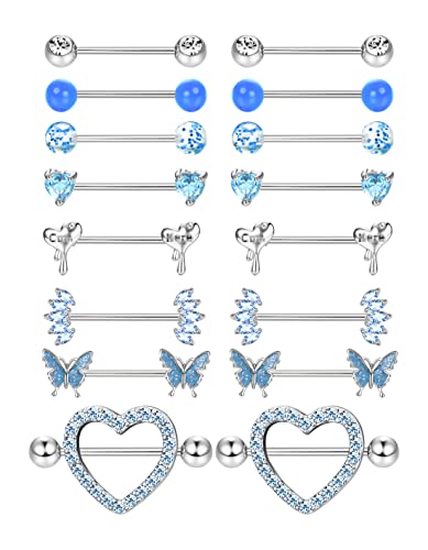 Adramata 8 Paar 14G Nippelpiercing Chirurgenstahl Brustwarzenpiercing Set CZ Schmetterling Nippel Piercing Set Kugel Herz Zungenstangen Nippelpiercing Körper Piercing Schmuck Damen