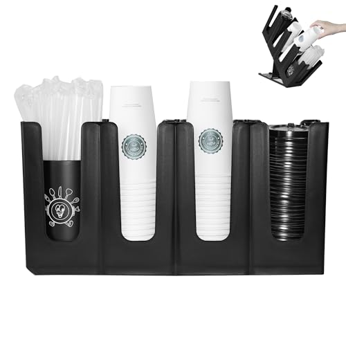 HEWASME Cup Holder Lid Dispenser with Straw Organizer,Disposable Coffee Cup Dispenser,Cup Storage Organizer for Breakroom Countertop Coffee Station Bar Restaurant