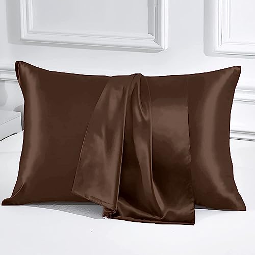 Image of Luxury Silk Satin Pillow Cover President Size 20 x 32 - Romantic Pillow Cover Set for Bedroom | Bridal Wedding Soft Luxury Bedding | Brown, Pillow Covers (20 x 32)