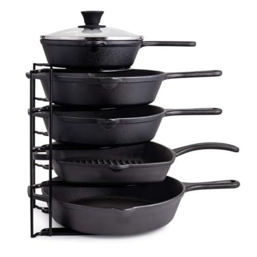 Heavy Duty Pan Organizer, 5 Tier Rack - Holds up to 50 LB - Holds Cast Iron Skillets, Griddles and Shallow Pots - Durable Steel Construction - Space Saving Kitchen Storage - No Assembly Required