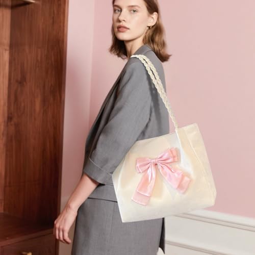 Bolso tote para mujer de cuero PU suave, elegante con moño rosa miniatura 3