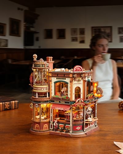 Image of ROKR Moving Dream Coffee Factory DIY Miniature House Kit - 3D Wooden Puzzles for Adults with Music Box & LED Lights, No Glue Kinetic Model Building Kit, Unique Home Decor Gifts for Adults Women Men