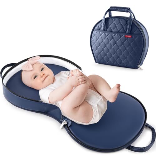 Image of Amenpoki Portable Waterproof Leather Diaper Changing Pad Compact for Travel Diaper Bag, Easy Clean, Newborn Baby, Blue