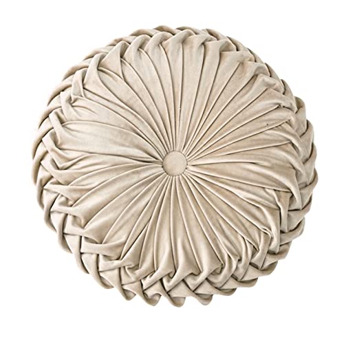 Wanyudz Handcrafted Kürbis-rundes Kissen-Samt-Plissiertes Couch-Kissen für Ausgangssofa-Stuhl-Bett-Boden (Beige) Cover