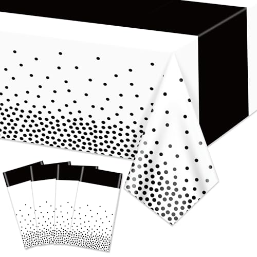 Lot de 4 nappes blanches et noires - Nappe rectangulaire imperméable à pois noirs 220 x 130 cm pour mariages, anniversaires, Halloween, premières...