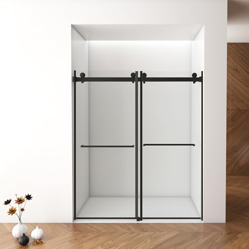 HiHomely 56-60 Inches Frameless Double Sliding, 76 Inches Height, 10mm Tempered Glass, Easy-clean Coating, Matte Black Finish With Buffer – Premium Shower Enclosure