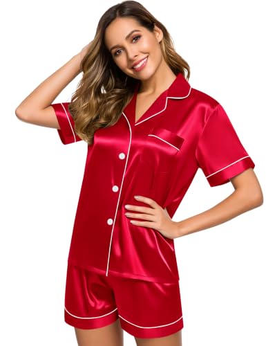 Image of SWOMOG Womens Silk Satin Pajamas Set Short Sleeve Sleepwear Button Down Top and Shorts Loungewear 2 Piece Pjs Set XS-3XL