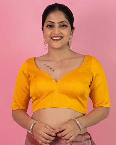 Image of FIGURE'S DESIGNER Women's Dupion Raw Silk Half Elbow Sleeves Sweetheart V Neck Sabyasachi Cut Readymade Saree Blouse S10