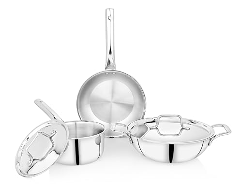 Image of Praylady TRIPLUS 5-Piece Triply Cookware Set | 24cm Kadai+24cm Lid+22cm Frypan+16cm Saucepan+16cm Lid | Triple-Layered Stainless Steel-Aluminum | Induction & Gas Compatible