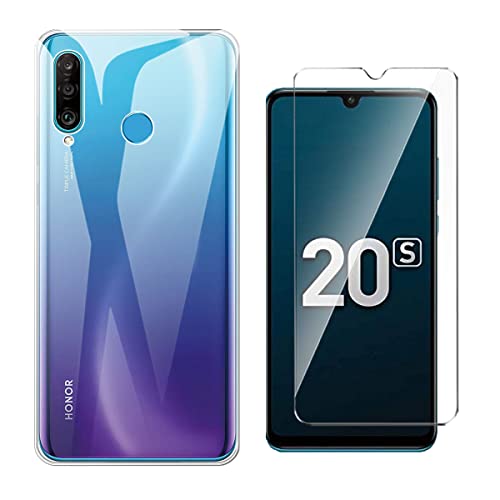QFSM Transparente Funda + Cristal Templado para Huawei Honor 20S (6.15"), Shell Silicona Carcasa Suave TPU Case Cover y 9H Dureza Duradera Protectora Pantalla Glass Film Protector -Clear Cover