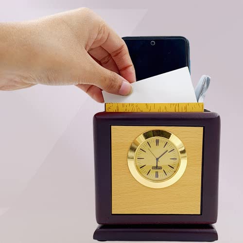 Image of Revolving Stylish Pen Stand for Office Table with Clock, Wooden Pen Holder with Mobile Holder, Wooden Desk Organizer, Office Pen Stand with Compartment, Office Table Accessories Office Gift Item