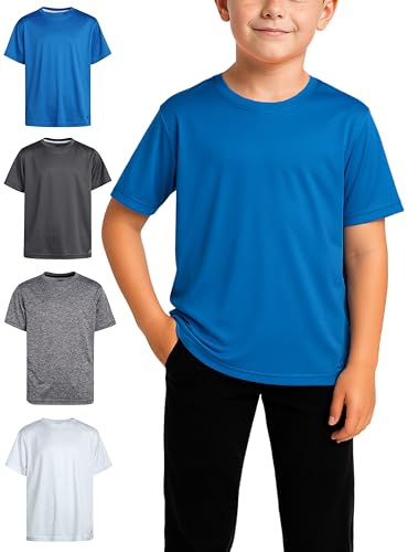 La mejor comparación de Camisetas y camisas deportivas para Niño los mejores 10. 45 RBX Active - Camisetas deportivas de manga corta para niños, paquete de 4 unidades, cómodas camisetas deportivas para jóvenes (tamaños: 8-20), Gris/Azul Directo, 14-16