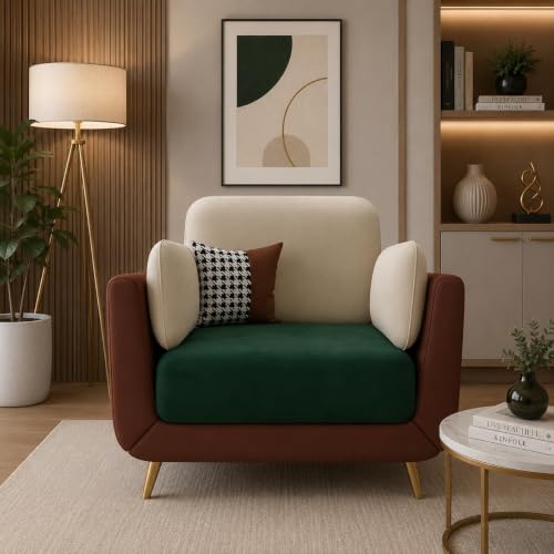 Image of Modern Sofa, 1 Seater with Decorative Cushions, Chesterfield Arm Three Seater for Living Room Guest Room Hotels & Office (1 Green and Beige)