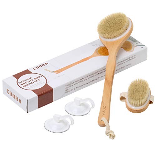 COOBA Dry Body Brushing Bath Brush Set Include Long Handle and Oval Shaped Handy Palm Body Brush 100% Natural Bristles Good for Health and Beauty
