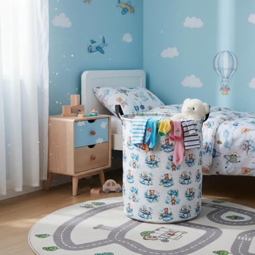 Image of Baby Laundry Basket Baby Hamper for Nursery Girl Kids Butterfly Hamper Cute Storage Bin Organizer Butterfly Room Decor for Home(Bear Pilot)