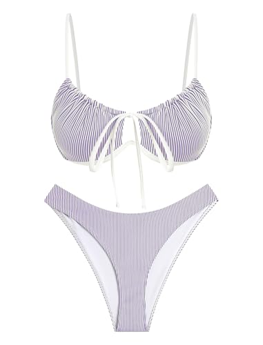 Image of ZAFUL Women High Cut Bikini Sets String Sexy Swimsuit Two Piece Underwire Bathing Suit Brazilian Cheeky Cut Out Cute Swimwear