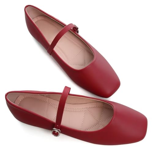 Stunner Ballet Flats for Women Women's Mary Jane Shoes Square Toe Casual Flats Comfortable Ankle Strap Flat Shoes Red 42(9) 24