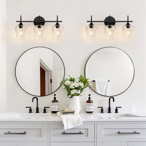 Image of MOKATNG 3-Light Bathroom Light Fixtures, Black Vanity Lights for Bathroom with Clear Glass, 19.5 Inch Bathroom Lighting Fixtures Over Mirror, Modern Wall lamp for Cabinet Hallway