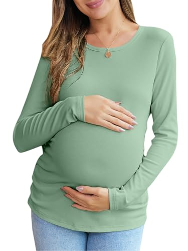 Long Sleeve Shirt for Maternity Trendy Crew Neck Tops Slim Fitting Pregnancy Blouses Light Green L