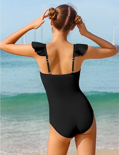 Image of NECIOUS Girls Swimsuit Ruffle Adjustable Straps One Piece Bathing Suit Solid Color Ruched Girls' Swimwear 9-16Y
