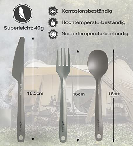 Titan Besteckset für Camping, 3-teiliges Titan Besteck mit Karabiner
