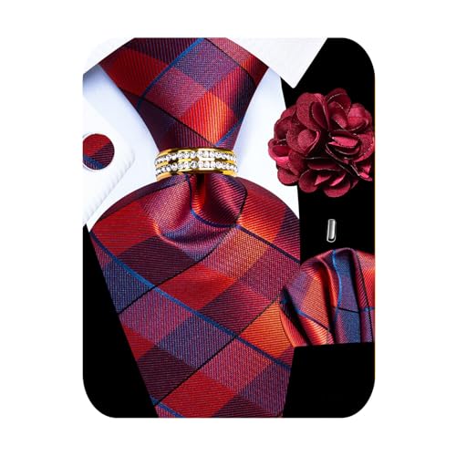 Image of 5PCS Mens Silk Designer Tie, Pocket Square, Cufflinks, Drilled Tie Ring and Lapel Pin Set for Wedding Groom Party