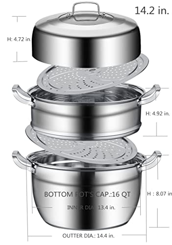 Thick-Bottomed Stainless Steel Steamer Pot 2 Tier Food Steamer For Cooking Multipurpose Cookware With Tempered Glass Lid For Vegetable, Tamale,Dumpling, Egg, Sauce, Food (14.2 Inch) #TOP1