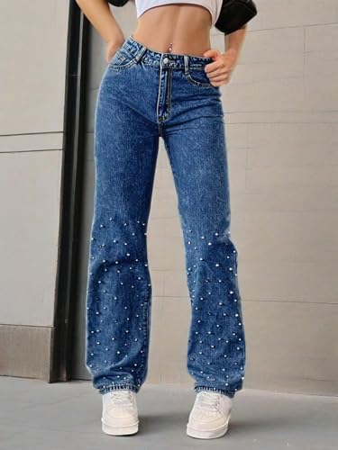 Pearl Jeans for Women Straight Leg High Waist Straight Wide Leg Vintage Denim Pants Embroidered Jeans for Women2